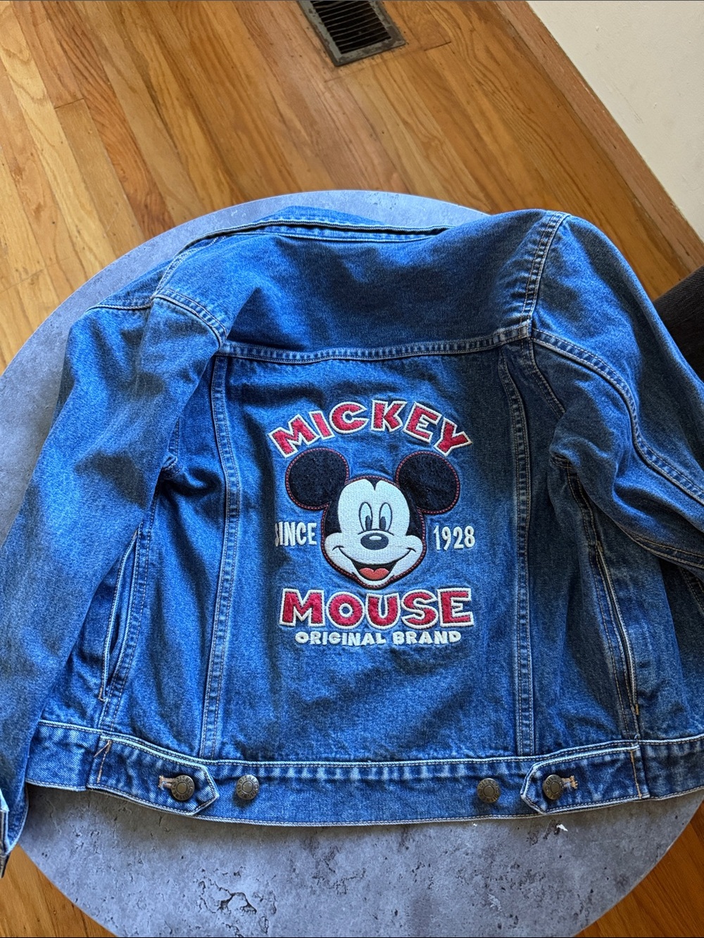 Vintage Disney Store Denim Mickey Mouse Jacket with Red & White Embroidery